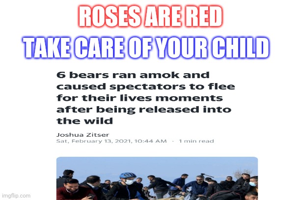 Bears and people? Lousy combo | ROSES ARE RED; TAKE CARE OF YOUR CHILD | image tagged in people,bears,hello,dangerous | made w/ Imgflip meme maker