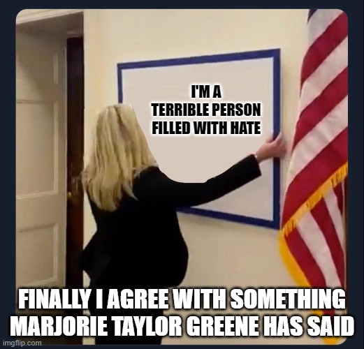 MTG Poster Board | I'M A TERRIBLE PERSON FILLED WITH HATE; FINALLY I AGREE WITH SOMETHING MARJORIE TAYLOR GREENE HAS SAID | image tagged in mtg poster board | made w/ Imgflip meme maker