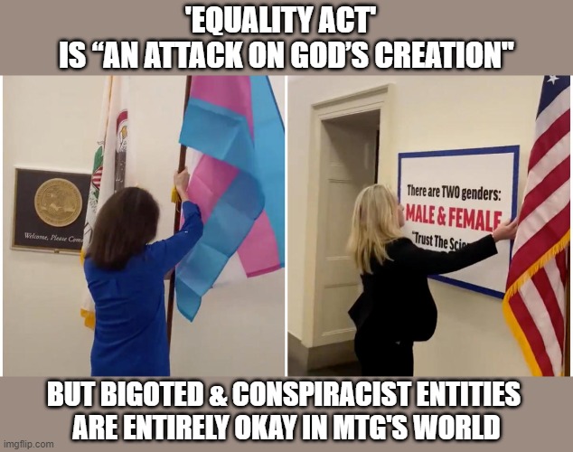 GOP rep, QAnon quack, etc. - MTG - slams Equality Act | 'EQUALITY ACT'  
IS “AN ATTACK ON GOD’S CREATION"; BUT BIGOTED & CONSPIRACIST ENTITIES 
ARE ENTIRELY OKAY IN MTG'S WORLD | image tagged in marjorie taylor green,marie newman,equality act,bigotry,lbgtq rights,conspiracist | made w/ Imgflip meme maker