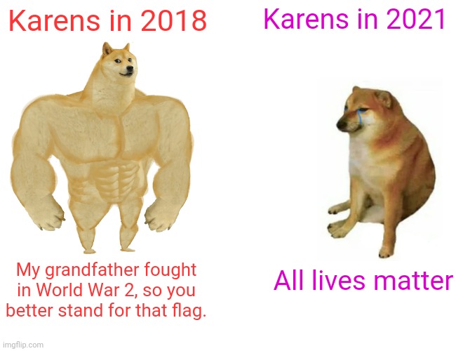 Oh, Karens | Karens in 2018; Karens in 2021; All lives matter; My grandfather fought in World War 2, so you better stand for that flag. | image tagged in memes,buff doge vs cheems | made w/ Imgflip meme maker