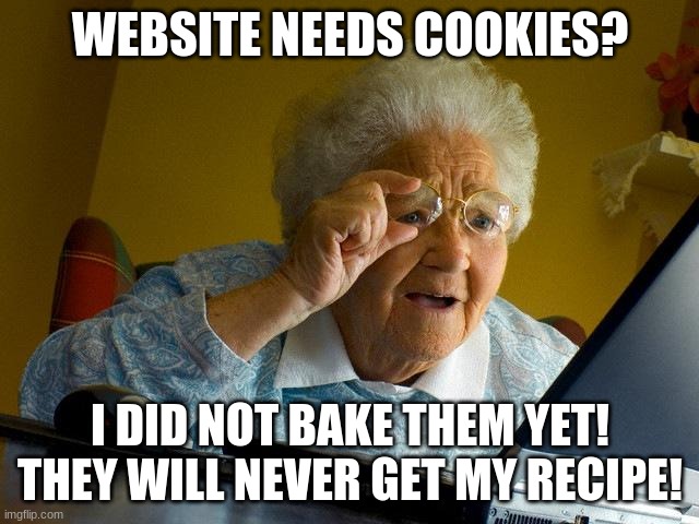 Grandma Finds The Internet | WEBSITE NEEDS COOKIES? I DID NOT BAKE THEM YET!
THEY WILL NEVER GET MY RECIPE! | image tagged in memes,grandma finds the internet | made w/ Imgflip meme maker