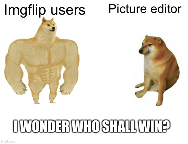 Buff Doge vs. Cheems Meme | Imgflip users; Picture editor; I WONDER WHO SHALL WIN? | image tagged in memes,buff doge vs cheems | made w/ Imgflip meme maker