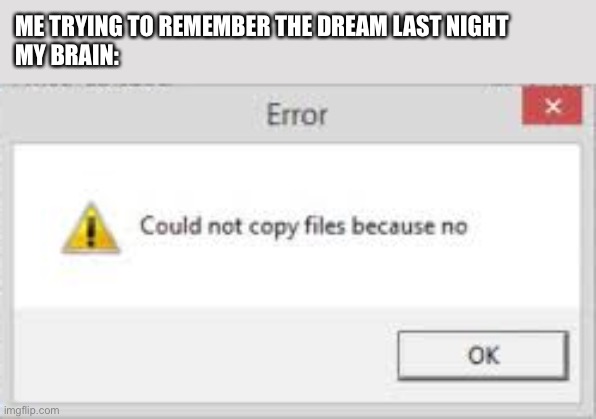 My computer broken | ME TRYING TO REMEMBER THE DREAM LAST NIGHT
MY BRAIN: | image tagged in could not copy files because no | made w/ Imgflip meme maker