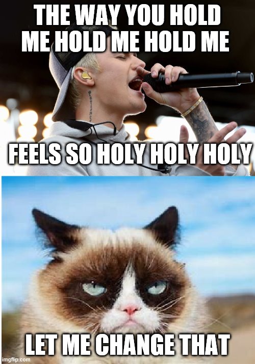 Beiber | THE WAY YOU HOLD ME HOLD ME HOLD ME; FEELS SO HOLY HOLY HOLY; LET ME CHANGE THAT | image tagged in grumpycat,holy,justinbeiber | made w/ Imgflip meme maker