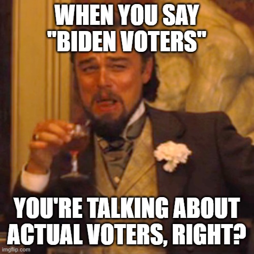 Laughing Leo Meme | WHEN YOU SAY "BIDEN VOTERS" YOU'RE TALKING ABOUT ACTUAL VOTERS, RIGHT? | image tagged in memes,laughing leo | made w/ Imgflip meme maker