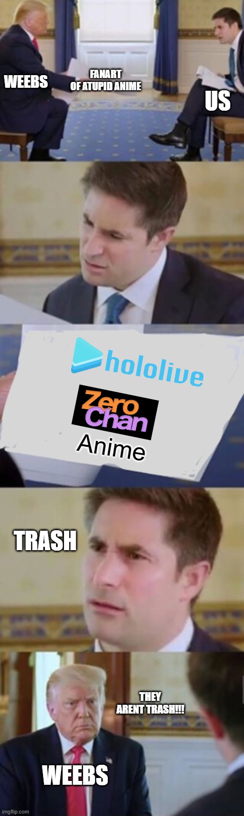 No anime, Hololive and zerochan | FANART
OF ATUPID ANIME; WEEBS; US; Anime; TRASH; THEY ARENT TRASH!!! WEEBS | image tagged in trump interview,NoAnimePolice | made w/ Imgflip meme maker
