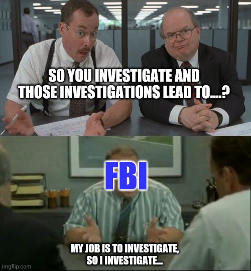 FBI is useless | SO YOU INVESTIGATE AND THOSE INVESTIGATIONS LEAD TO....? FBI; MY JOB IS TO INVESTIGATE, SO I INVESTIGATE... | image tagged in office space what do you do here,office space people skills | made w/ Imgflip meme maker
