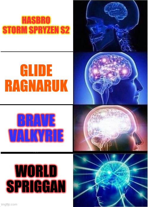 Expanding Brain Meme | HASBRO STORM SPRYZEN S2 GLIDE RAGNARUK BRAVE VALKYRIE WORLD SPRIGGAN | image tagged in memes,expanding brain | made w/ Imgflip meme maker