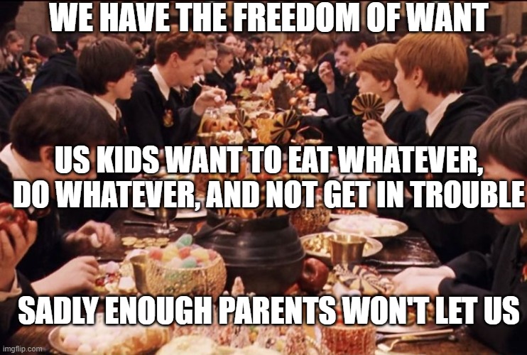 Harry Potter Feast | WE HAVE THE FREEDOM OF WANT; US KIDS WANT TO EAT WHATEVER, DO WHATEVER, AND NOT GET IN TROUBLE; SADLY ENOUGH PARENTS WON'T LET US | image tagged in harry potter feast | made w/ Imgflip meme maker