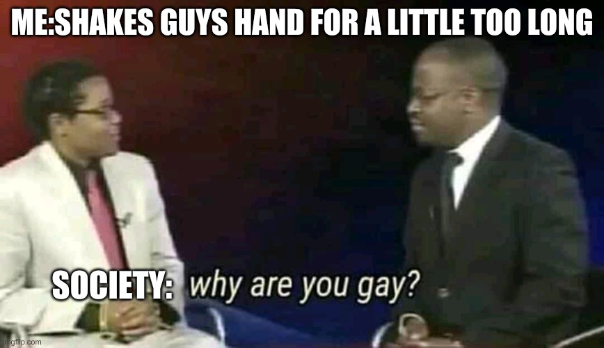 Why are you gay? | ME:SHAKES GUYS HAND FOR A LITTLE TOO LONG; SOCIETY: | image tagged in why are you gay | made w/ Imgflip meme maker