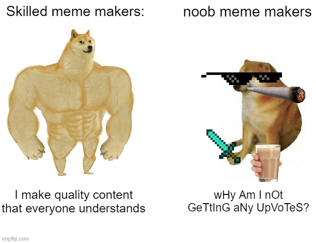 Imgflip in a nutshell | Skilled meme makers:; noob meme makers; I make quality content that everyone understands; wHy Am I nOt GeTtInG aNy UpVoTeS? | image tagged in memes,buff doge vs cheems | made w/ Imgflip meme maker