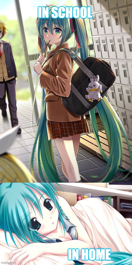 You know students go home for some sleep... :\ | IN SCHOOL; IN HOME | image tagged in hatsune miku,memes,school,sleepy | made w/ Imgflip meme maker