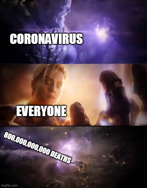 2020 | CORONAVIRUS; EVERYONE; 800,000,000,000 DEATHS | image tagged in thanos vs captain marvel,coronavirus,death | made w/ Imgflip meme maker