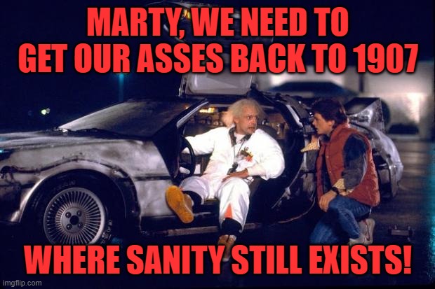 Back to the future | MARTY, WE NEED TO GET OUR ASSES BACK TO 1907 WHERE SANITY STILL EXISTS! | image tagged in back to the future | made w/ Imgflip meme maker