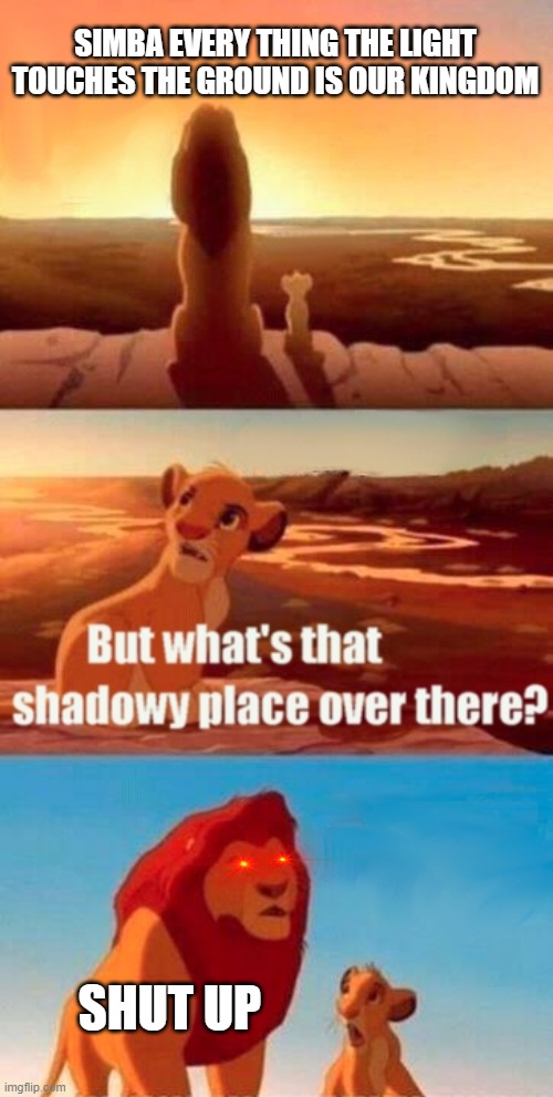 Simba Shadowy Place Meme | SIMBA EVERY THING THE LIGHT TOUCHES THE GROUND IS OUR KINGDOM; SHUT UP | image tagged in memes,simba shadowy place | made w/ Imgflip meme maker