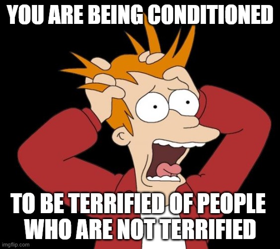 You're being conditioned to be terrified | YOU ARE BEING CONDITIONED; TO BE TERRIFIED OF PEOPLE 
WHO ARE NOT TERRIFIED | image tagged in covid,climate change,insurrection | made w/ Imgflip meme maker