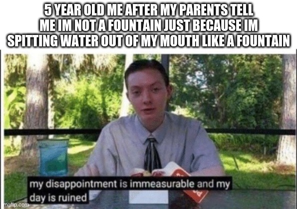 My dissapointment is immeasurable and my day is ruined | 5 YEAR OLD ME AFTER MY PARENTS TELL ME IM NOT A FOUNTAIN JUST BECAUSE IM SPITTING WATER OUT OF MY MOUTH LIKE A FOUNTAIN | image tagged in my dissapointment is immeasurable and my day is ruined | made w/ Imgflip meme maker