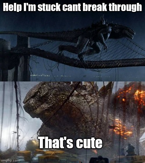 Godzilla memes | Help I'm stuck cant break through; That's cute | image tagged in godzilla | made w/ Imgflip meme maker