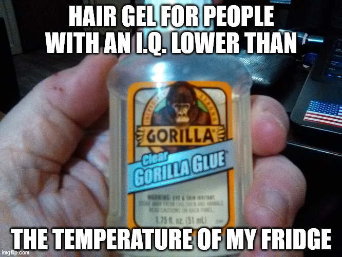 Imbecile Check in a Bottle | HAIR GEL FOR PEOPLE WITH AN I.Q. LOWER THAN; THE TEMPERATURE OF MY FRIDGE | image tagged in gorilla glue,imbecile,not hair gel | made w/ Imgflip meme maker