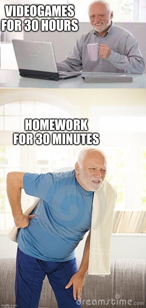VIDEOGAMES FOR 30 HOURS; HOMEWORK FOR 30 MINUTES | image tagged in memes,hide the pain harold | made w/ Imgflip meme maker