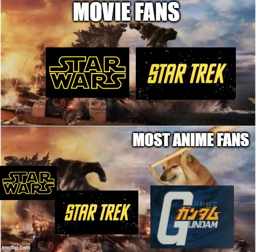 Taste in space francises | MOVIE FANS; MOST ANIME FANS | image tagged in kong godzilla doge | made w/ Imgflip meme maker