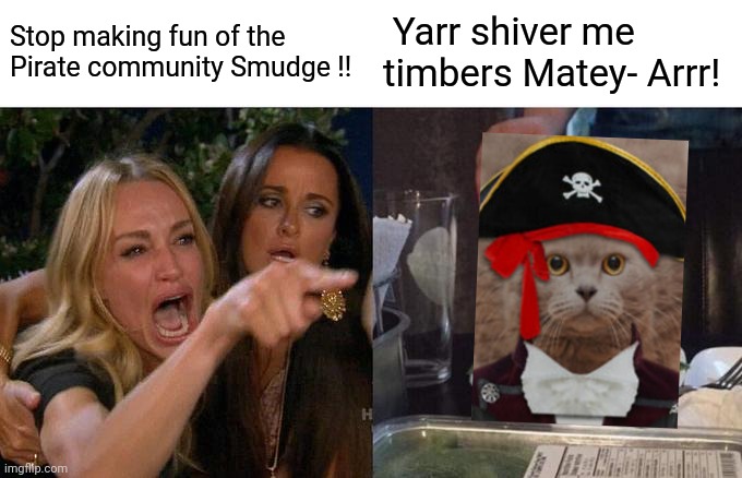 Thar she blows! | Stop making fun of the Pirate community Smudge !! Yarr shiver me timbers Matey- Arrr! | image tagged in memes,woman yelling at cat,pirate,cat | made w/ Imgflip meme maker