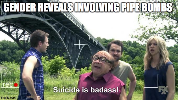 in the news again | GENDER REVEALS INVOLVING PIPE BOMBS | image tagged in suicide is badass,gender | made w/ Imgflip meme maker