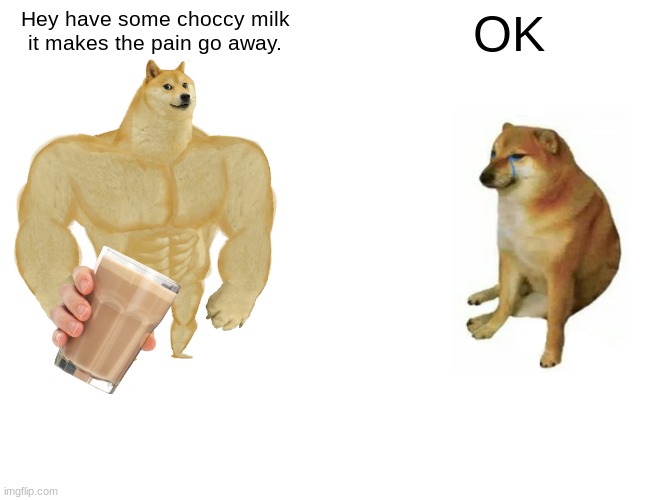 Buff Doge vs. Cheems Meme | Hey have some choccy milk it makes the pain go away. OK | image tagged in memes,buff doge vs cheems | made w/ Imgflip meme maker