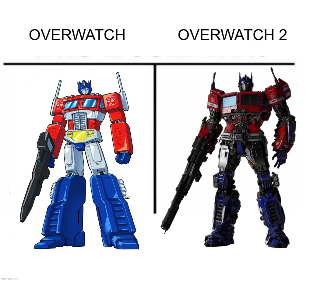 comparison table | OVERWATCH; OVERWATCH 2 | image tagged in comparison table,overwatch,overwatch 2,optimus prime,transformers | made w/ Imgflip meme maker