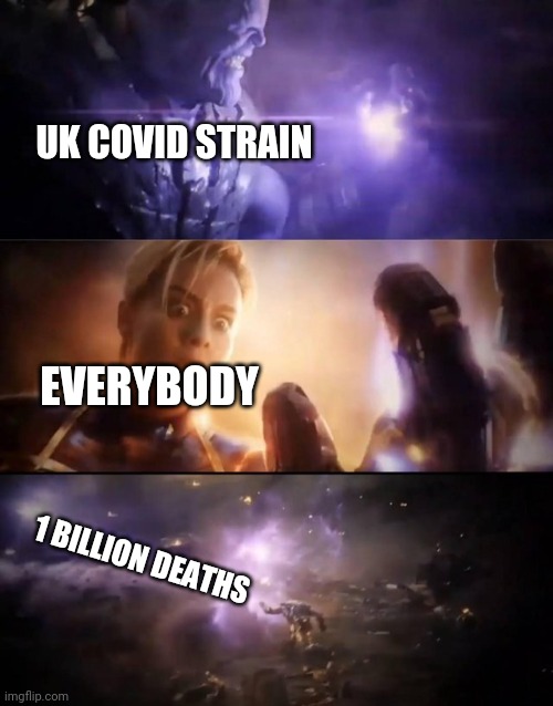 I CRY EVERTIM | UK COVID STRAIN; EVERYBODY; 1 BILLION DEATHS | image tagged in thanos vs captain marvel,coronavirus,covid-19,uk covid strain,noooooooooooooooooooooooo,memes | made w/ Imgflip meme maker