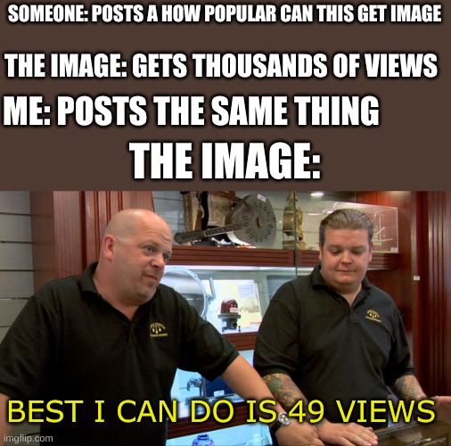 seems weird if you ask me | SOMEONE: POSTS A HOW POPULAR CAN THIS GET IMAGE; THE IMAGE: GETS THOUSANDS OF VIEWS; ME: POSTS THE SAME THING; THE IMAGE:; BEST I CAN DO IS 49 VIEWS | image tagged in pawn stars best i can do | made w/ Imgflip meme maker