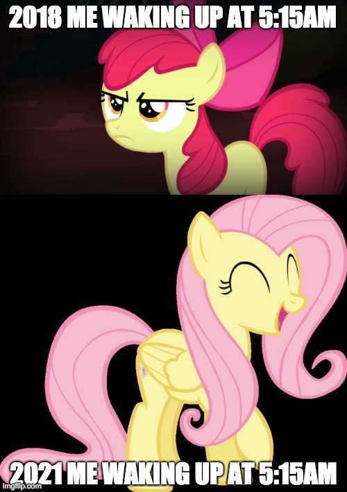 2018 ME WAKING UP AT 5:15AM 2021 ME WAKING UP AT 5:15AM | image tagged in angry applebloom,happy fluttershy | made w/ Imgflip meme maker