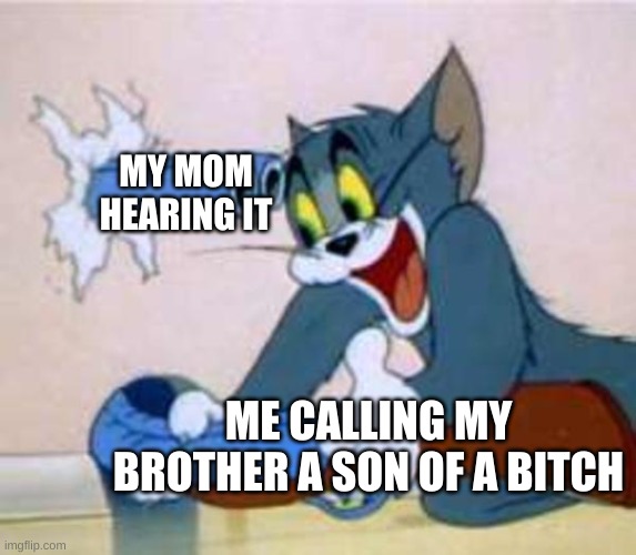 tom the cat shooting himself  | MY MOM HEARING IT; ME CALLING MY BROTHER A SON OF A BITCH | image tagged in tom the cat shooting himself | made w/ Imgflip meme maker