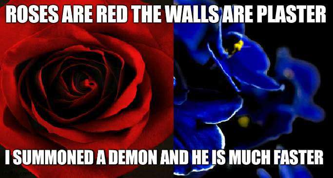 Roses are Red, Violets are Blue. | ROSES ARE RED THE WALLS ARE PLASTER; I SUMMONED A DEMON AND HE IS MUCH FASTER | image tagged in roses are red violets are blue | made w/ Imgflip meme maker