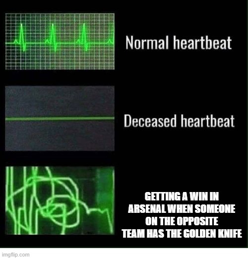 normal heartbeat deceased heartbeat | GETTING A WIN IN ARSENAL WHEN SOMEONE ON THE OPPOSITE TEAM HAS THE GOLDEN KNIFE | image tagged in normal heartbeat deceased heartbeat,arsenal,roblox,memes,win | made w/ Imgflip meme maker