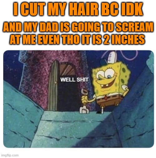 Well shit.  Spongebob edition | I CUT MY HAIR BC IDK; AND MY DAD IS GOING TO SCREAM AT ME EVEN THO IT IS 2 INCHES | image tagged in well shit spongebob edition | made w/ Imgflip meme maker