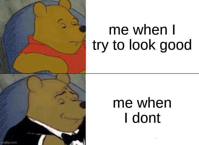 Tuxedo Winnie The Pooh | me when I try to look good; me when I dont | image tagged in memes,tuxedo winnie the pooh | made w/ Imgflip meme maker