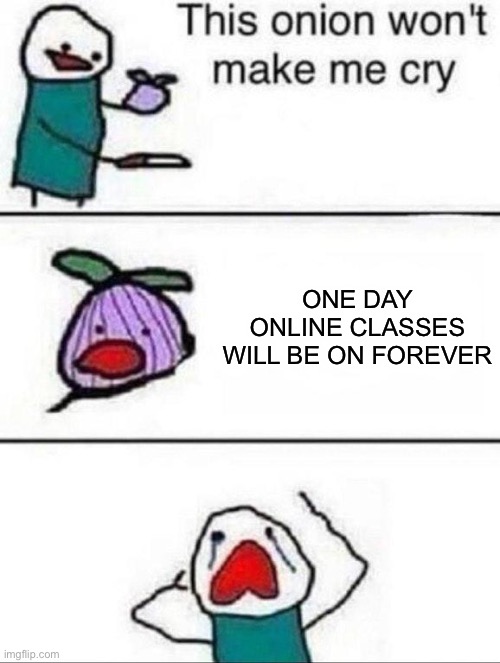 This onion wont make me cry | ONE DAY ONLINE CLASSES WILL BE ON FOREVER | image tagged in this onion wont make me cry | made w/ Imgflip meme maker
