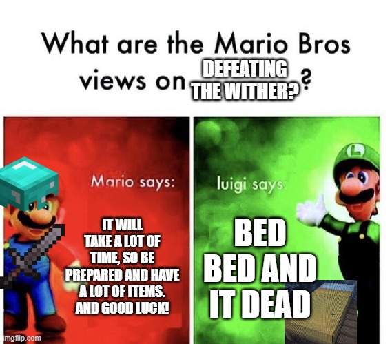 If this was already made I'm sorry | DEFEATING THE WITHER? IT WILL TAKE A LOT OF TIME, SO BE PREPARED AND HAVE A LOT OF ITEMS. AND GOOD LUCK! BED BED AND IT DEAD | image tagged in mario bros views,minecraft,defeat,bed,dead | made w/ Imgflip meme maker