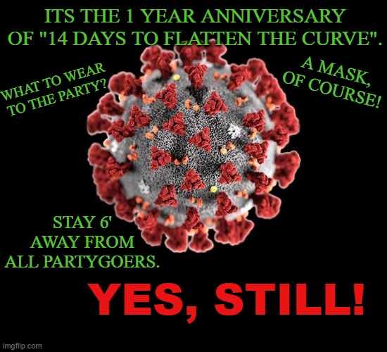 COVID-19 | ITS THE 1 YEAR ANNIVERSARY OF "14 DAYS TO FLATTEN THE CURVE". A MASK, OF COURSE! WHAT TO WEAR TO THE PARTY? STAY 6' AWAY FROM ALL PARTYGOERS. YES, STILL! | image tagged in covid-19 | made w/ Imgflip meme maker