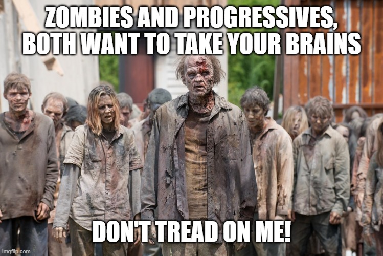 What do Zombies and Progressives have in common? | ZOMBIES AND PROGRESSIVES, BOTH WANT TO TAKE YOUR BRAINS; DON'T TREAD ON ME! | image tagged in zombies,progressives,brains,don't tread on me,domestic tranquility,the constitution | made w/ Imgflip meme maker