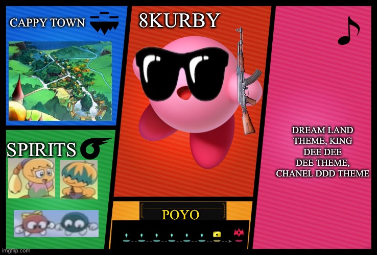 Smash Ultimate DLC fighter profile | CAPPY TOWN; 8KURBY; DREAM LAND THEME, KING DEE DEE DEE THEME, CHANEL DDD THEME; SPIRITS; POYO | image tagged in smash ultimate dlc fighter profile | made w/ Imgflip meme maker