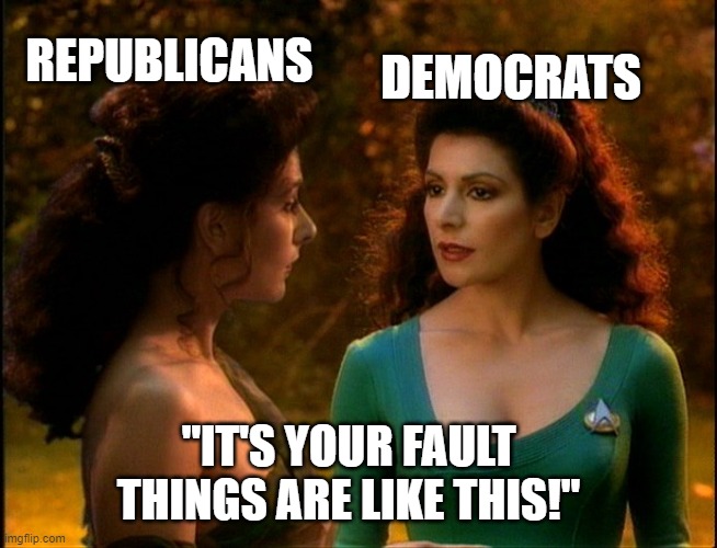 Deanna Troi Holodeck | REPUBLICANS; DEMOCRATS; "IT'S YOUR FAULT THINGS ARE LIKE THIS!" | image tagged in deanna troi holodeck | made w/ Imgflip meme maker