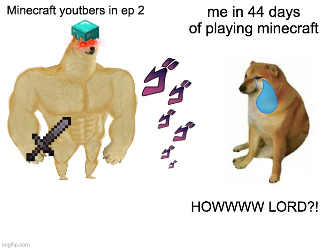 fr tho y? | Minecraft youtbers in ep 2; me in 44 days of playing minecraft; HOWWWW LORD?! | image tagged in memes,buff doge vs cheems | made w/ Imgflip meme maker