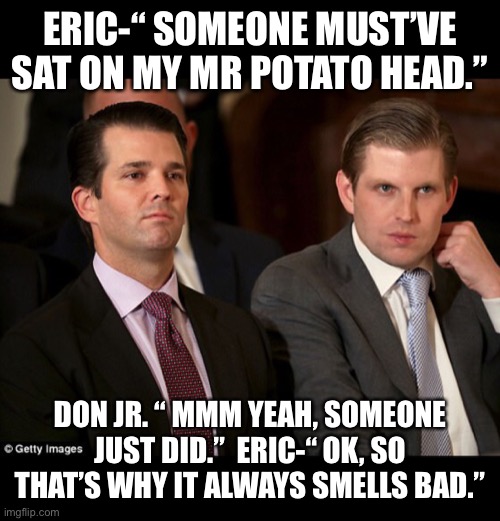 Donald Jr. and Eric Trump | ERIC-“ SOMEONE MUST’VE SAT ON MY MR POTATO HEAD.”; DON JR. “ MMM YEAH, SOMEONE JUST DID.”  ERIC-“ OK, SO THAT’S WHY IT ALWAYS SMELLS BAD.” | image tagged in donald jr and eric trump | made w/ Imgflip meme maker
