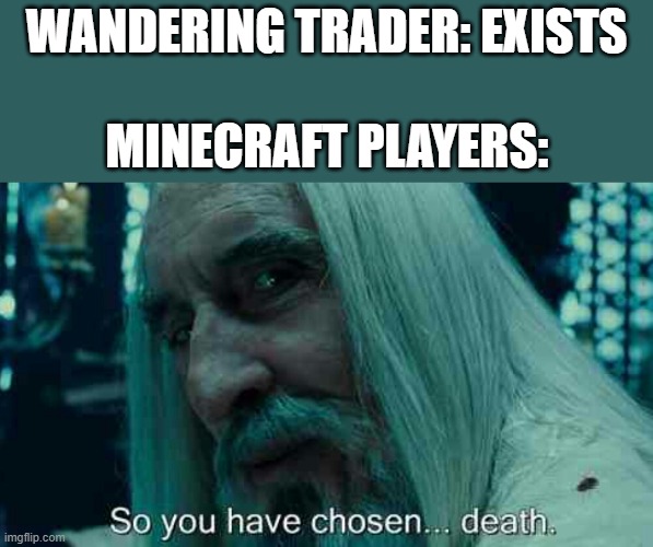 trash trades | WANDERING TRADER: EXISTS; MINECRAFT PLAYERS: | image tagged in so you have chosen death,memes,funny | made w/ Imgflip meme maker