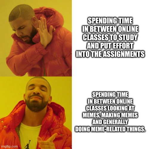 Idk. | SPENDING TIME IN BETWEEN ONLINE CLASSES TO STUDY AND PUT EFFORT INTO THE ASSIGNMENTS; SPENDING TIME IN BETWEEN ONLINE CLASSES LOOKING AT MEMES, MAKING MEMES AND GENERALLY DOING MEME-RELATED THINGS. | image tagged in drake blank | made w/ Imgflip meme maker