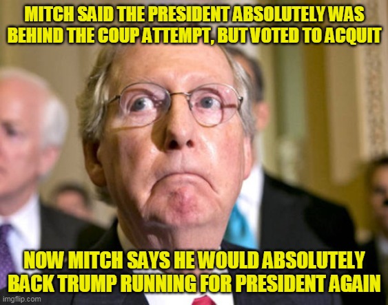 There you have it, the republican party is officially for the violent overthrow of democracy | MITCH SAID THE PRESIDENT ABSOLUTELY WAS BEHIND THE COUP ATTEMPT, BUT VOTED TO ACQUIT; NOW MITCH SAYS HE WOULD ABSOLUTELY BACK TRUMP RUNNING FOR PRESIDENT AGAIN | image tagged in mitch mcconnell | made w/ Imgflip meme maker