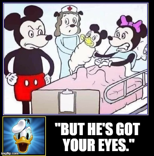 Always Look on the Bright Side of Life | "BUT HE'S GOT 
YOUR EYES." | image tagged in vince vance,mickey mouse,minnie mouse,donald duck,memes,giving birth | made w/ Imgflip meme maker