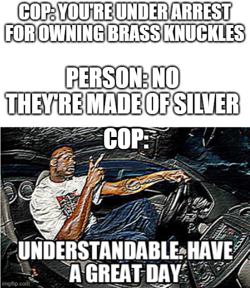 UNDERSTANDABLE, HAVE A GREAT DAY |  COP: YOU'RE UNDER ARREST FOR OWNING BRASS KNUCKLES; PERSON: NO THEY'RE MADE OF SILVER; COP: | image tagged in understandable have a great day,brass knuckles,cop,understandable | made w/ Imgflip meme maker